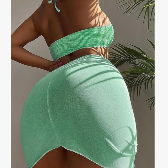 Green SMALL Women's O-Ring Halter Tie-Up Bikini Set with Cover Up Skirt - Picture 2 of 2